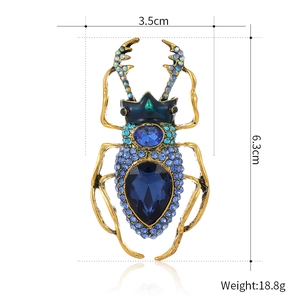 Blue rhinestone beetle brooch in punk style with 3.5cm by 6.3cm size dimensions