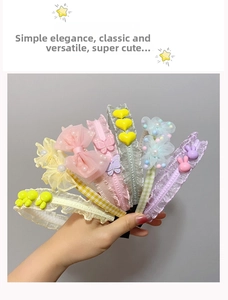 Detail of girls princess headbands featuring colorful lace bows and soft plush pom poms