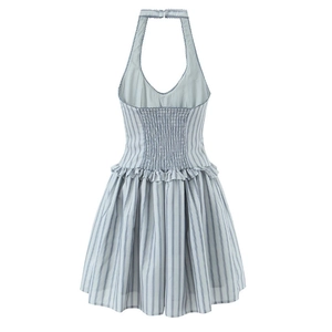 Halter neck blue and white striped dress with smocked back and flared ruffled hem
