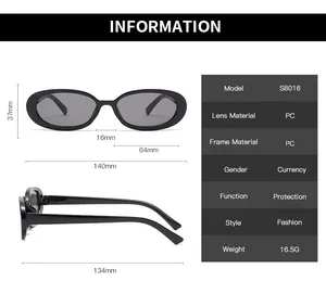 Detailed size chart for S8016 oval sunglasses with full frame and temple dimensions
