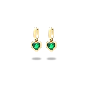Golden heart drop earrings featuring green heart-cut gemstones on a white background