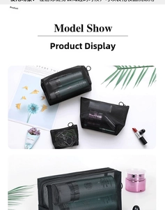 Set of three black mesh cosmetic bags in different sizes for makeup organization