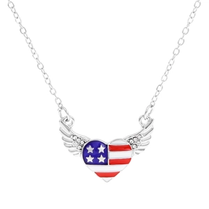 Silver winged heart necklace with American flag pattern and sparkling crystal details