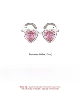 Detailed specs for adjustable mini glasses ring with pink heart crystals and dimensions