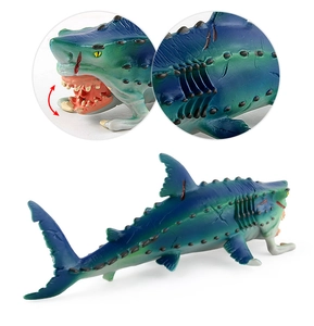 Detailed view of mythical shark monster toy with movable jaw and spiky blue-green body