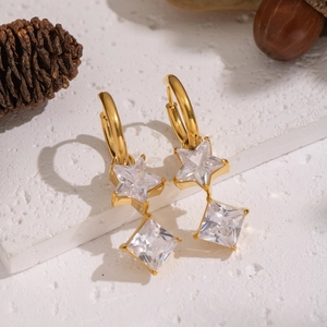 Elegant 18K gold plated stainless steel hoop earrings with star and square zircon charms