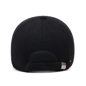 Rear view of black wool baseball cap for elderly men with silver metal buckle strap