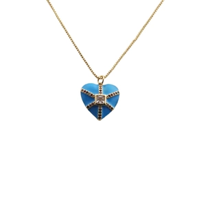 Collier cœur plaqué or avec pendentif émail bleu et gravure d'étoile colorée