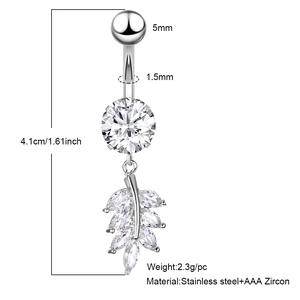 Leaf pendant navel ring in stainless steel with AAA zircon stones and size dimensions