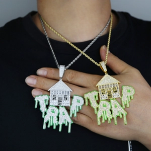 Hip hop Trap pendant in gold and silver finish with green drip enamel and zircons