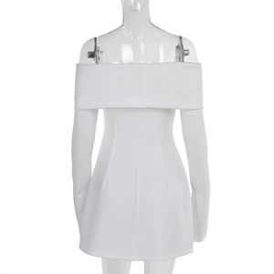 Rear view of white off-the-shoulder mini dress with long sleeves on a clear mannequin
