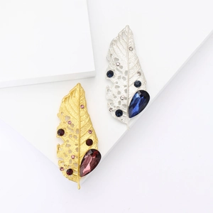 Elegant Alloy Purple Blue Rhinestone Leaf Brooch For Women Hollow Leaf Design Suit Shirt Lapel Pin Jewelry Accessory