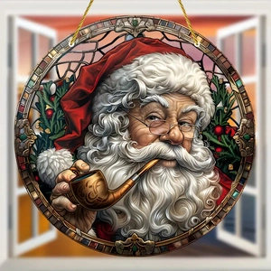 Christmas Santa Claus round acrylic ornament with stained glass style and hanging string