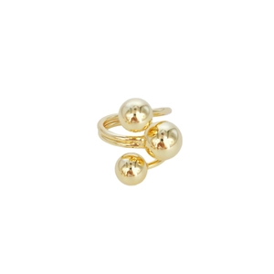 Anillo dorado ajustable con tres esferas metálicas en bandas orbitales de varias capas