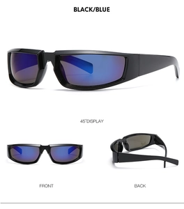 Detail view of sport sunglasses with black glossy frames and blue mirrored lenses