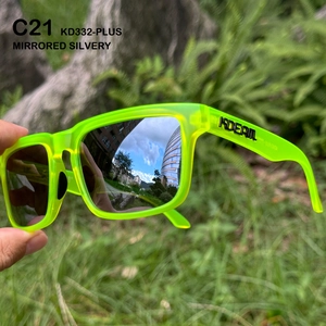 Detail of neon green translucent sports sunglasses with silver mirrored lenses