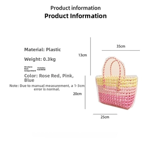 Detail of colorful woven tote bag showing pink and blue gradient and precise dimensions