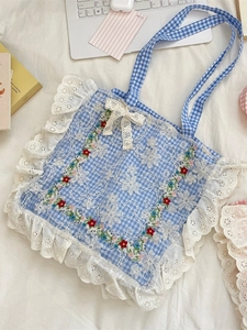 Blue plaid canvas tote bag with white lace trim and floral embroidery in pastoral style