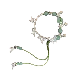 Silver bamboo butterfly bracelet with green beads and adjustable woven cord for women