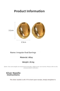 Detail view of gold-plated geometric oval stud earrings showing dimensions and weight