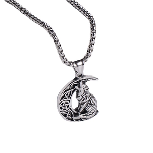 Nordic Viking moon and wolf punk style stainless steel necklace pendant in silver