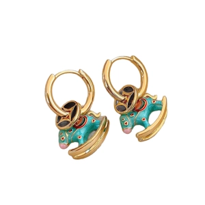 18k gold plated rocking horse earrings with colorful enamel and minimalist hoop design