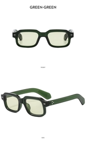 Front and side views of green square retro sunglasses with silver diamond accents