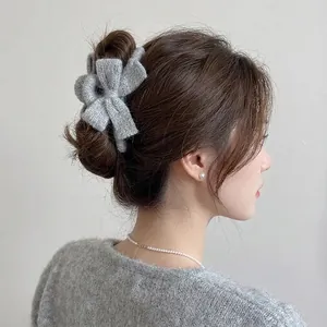 Knitted Bow Hair Claw Clip Plush Woolen Large Elegant Autumn Winter Shark Clip For Women Girls