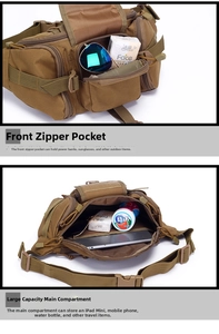 Detail view of khaki tactical waist bag showing storage capacity for iPad Mini and gadgets