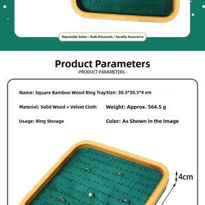 Bamboo jewelry display tray with green velvet slots measuring 30.5x30.5x4cm size