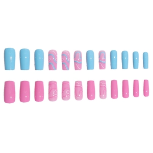 Medium square press-on nails with blue and pink wave line patterns on a white background