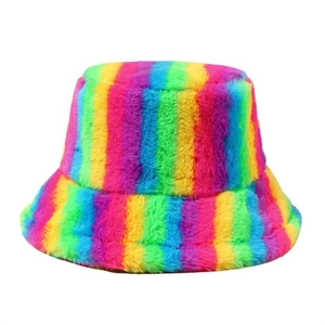 Colorful rainbow faux fur bucket hat for women with plush texture for winter warmth