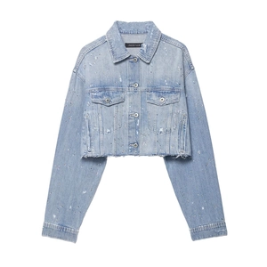 Veste en jean courte pour femme bleu clair avec strass brillants et détails usés