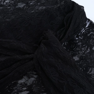 Macro shot of black lace fabric with floral embroidery and semi-sheer texture details