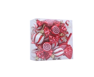 Detailed view of 18-piece red and white candy Christmas ornaments in clear box