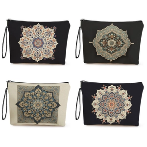 Mandala Geometric Print Cosmetic Bag Linen Fabric Makeup Pouch With Zipper Wristlet Strap Travel Toiletry Organizer For Women