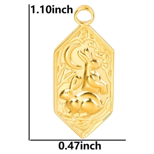Detail of a 1.1 inch golden rabbit pendant with a crescent moon in a hexagonal frame