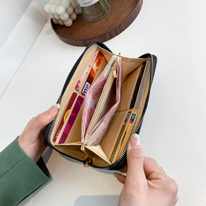 Women's black PU leather long wallet with zipper and spacious interior card slots
