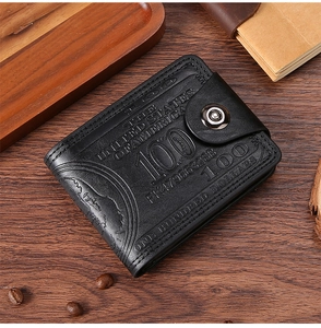Close-up of black leather wallet with embossed US dollar pattern on dark wood background