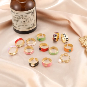Set of 12 luxury adjustable open rings with colorful enamel and natural stones on silk