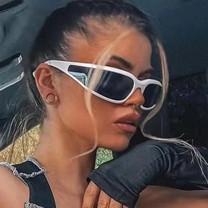 Y2K sporty wrap sunglasses in white frame with dark grey lenses on a female model
