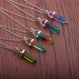 Hexagonal Prism Crystal Pendant Necklace Pointed Gradient Stone Stainless Steel Chain Reiki Healing Jewelry For Women Men