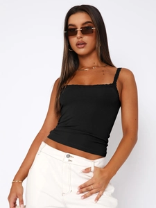 Detailed close-up of a slim fit black camisole featuring delicate lace straps and trim