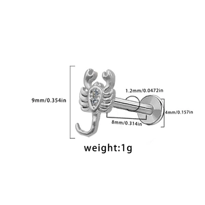 Detailed size chart of the scorpion labret stud showing precise 9mm height and 1.2mm gauge