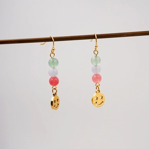 Smile Face Dangle Earrings Colorful Jade Beads Star Eye Titanium Steel Copper New Chinese Style Jewelry Women