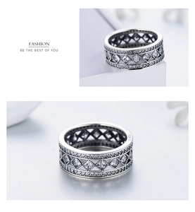 Detail view of S925 sterling silver hollow rhombus ring with pavé white zircon stones