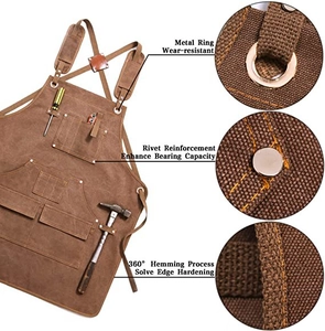 Detail of durable brown canvas apron showing metal rings, rivets and edge binding