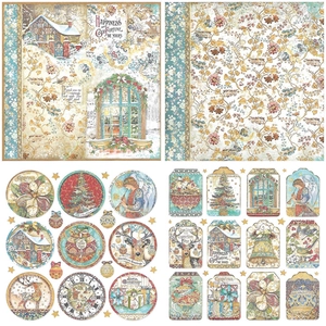Detailed grid view of vintage Christmas scrapbook paper with deer and angel illustrations