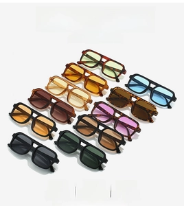 Detailed grid of square double-bridge sunglasses in various fashion colors and lens tints