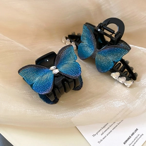 Détail de pinces à cheveux papillon bleu élégantes avec dentelle fine et strass brillants